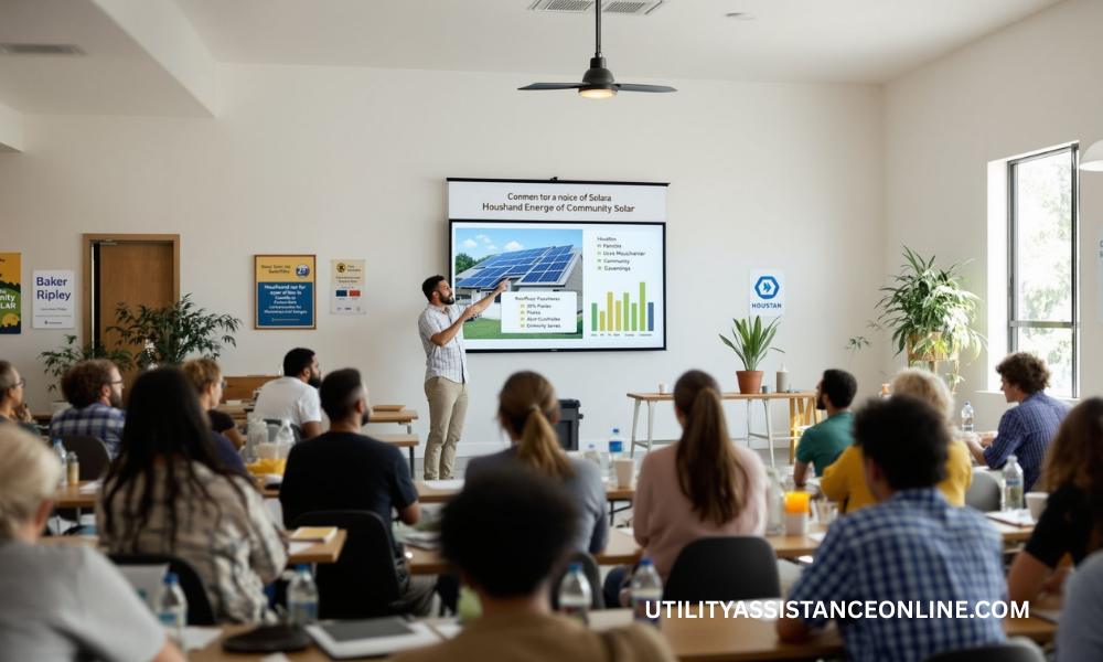 BakerRipley community event in Houston teaching residents about solar energy and ways to reduce utility costs.