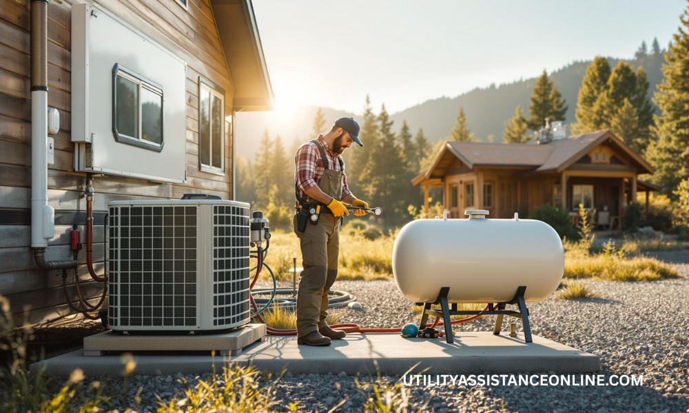 Homeowner inspecting a propane-powered air conditioner connected to a propane tank beside an RV and cabin in a rural setting.