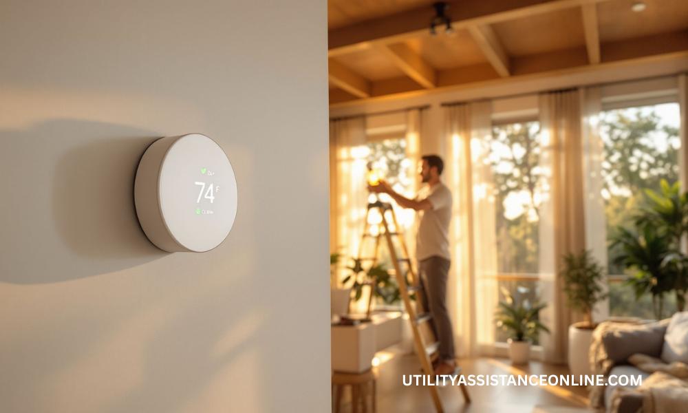 Homeowner in Houston installing LED bulbs and adjusting a smart thermostat to improve energy efficiency.