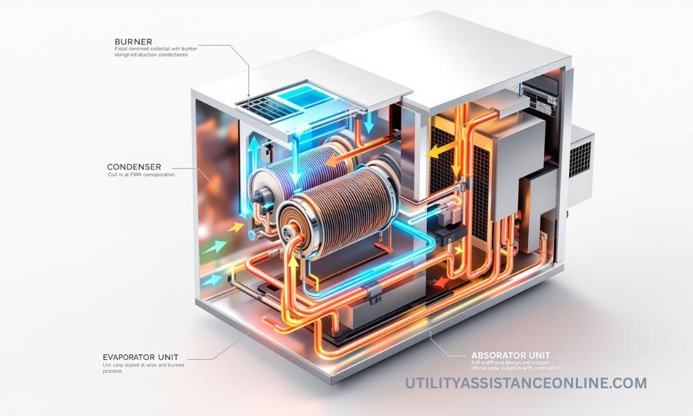 Cutaway diagram illustrating how propane powers air conditioning through absorption cooling with labeled burner, condenser, and evaporator components