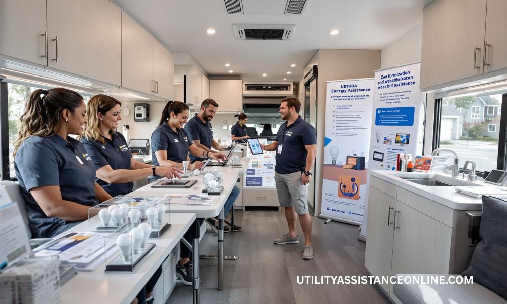 Neighbors standing together with LED bulbs and energy-saving kits after a UETHDA Energy Assistance RV event.