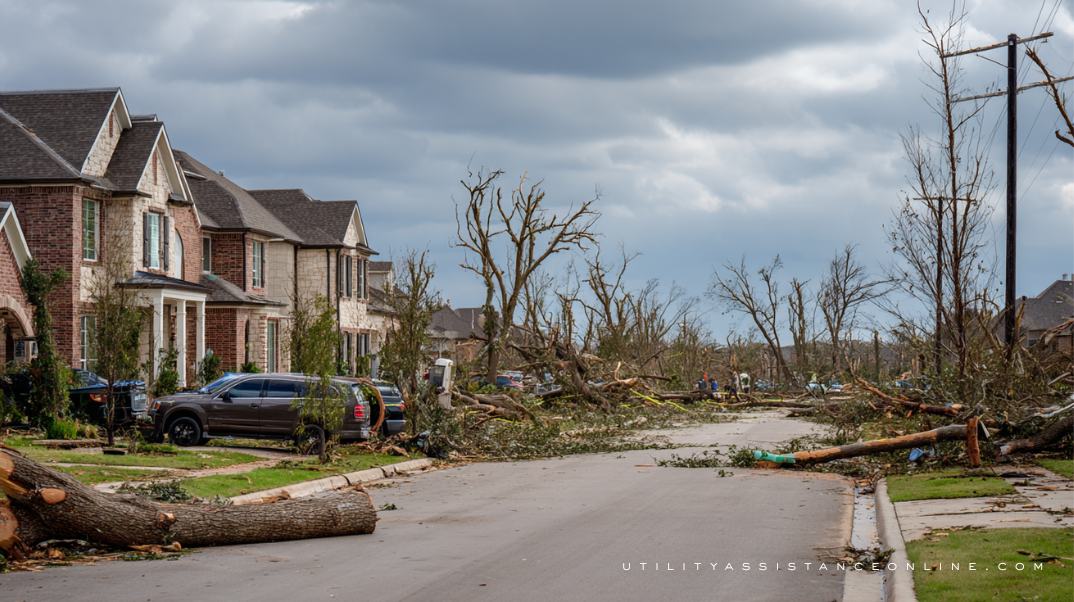 Fallen trees and storm debris in a Texas suburban neighborhood with downed power lines