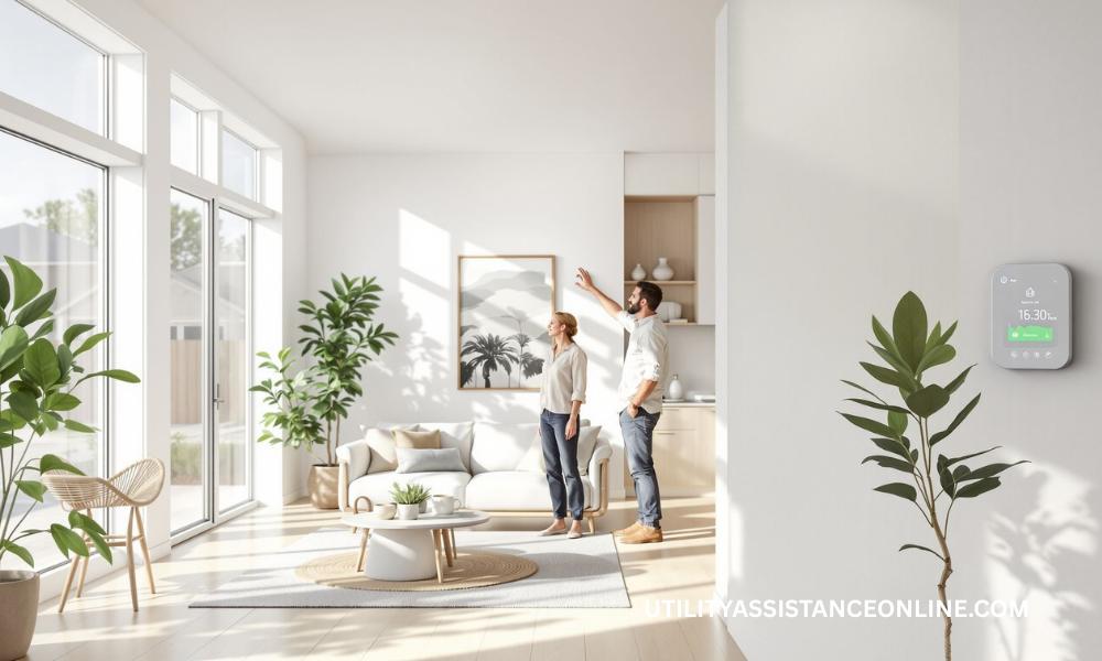 Homeowner adjusting smart thermostat and using energy-efficient appliances as part of Duke Energy’s initiative.