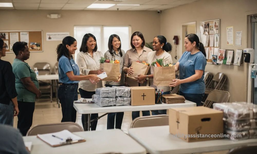 Church volunteers providing groceries and emergency assistance to Houston families
