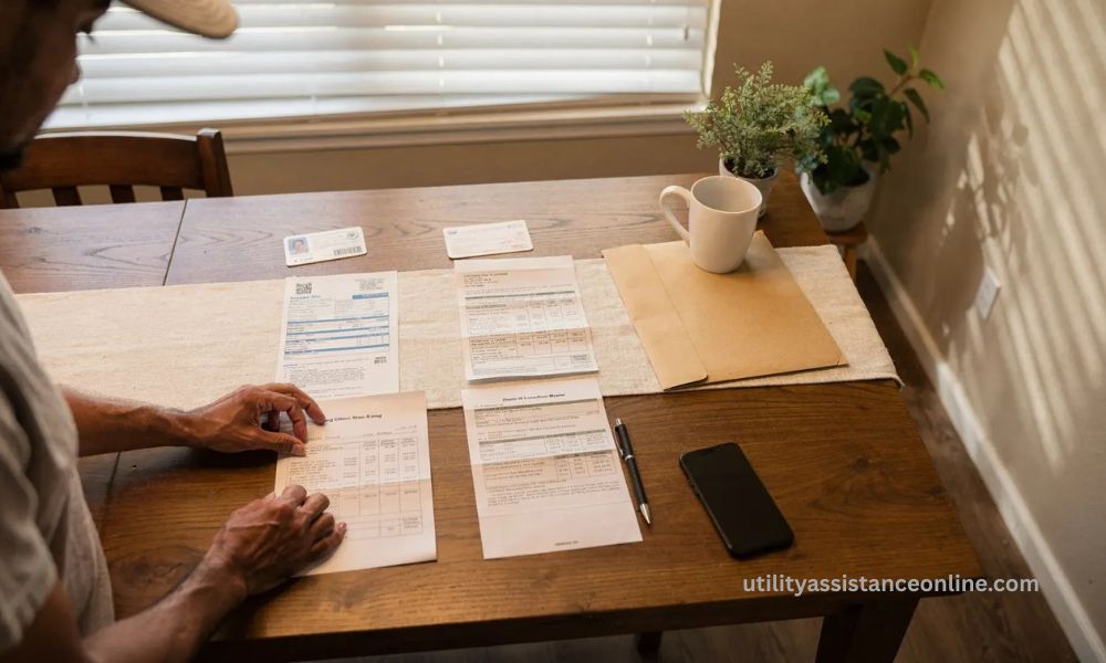 A resident reviews utility bills and application documents at a table.