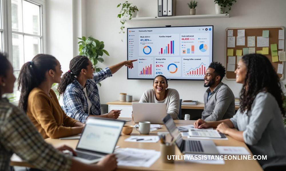 Nonprofit staff analyzing data on meals delivered and energy assistance provided as part of AIO’s transparency and accountability efforts.