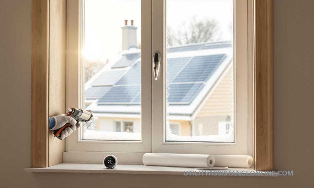 Homeowner sealing windows and upgrading insulation to reduce heating costs and improve energy efficiency.