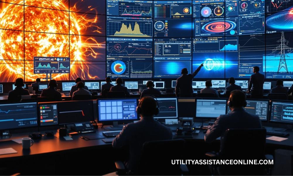 Engineers in a control center monitoring live solar storm and magnetic field data on digital screens to protect the power grid.