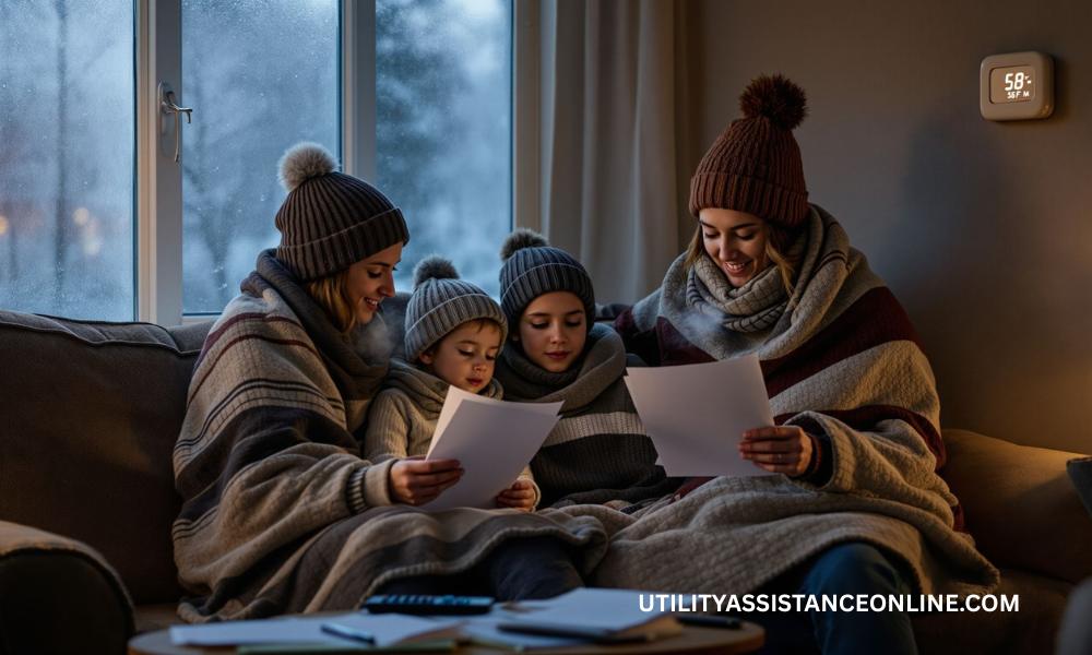 Family sitting in a cold home reviewing a heating bill as energy assistance programs face federal budget cuts.
