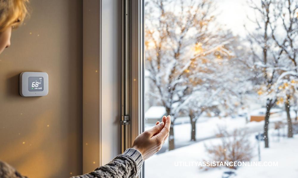 Homeowner sealing windows and using a smart thermostat to save on heating costs during Michigan’s winter.