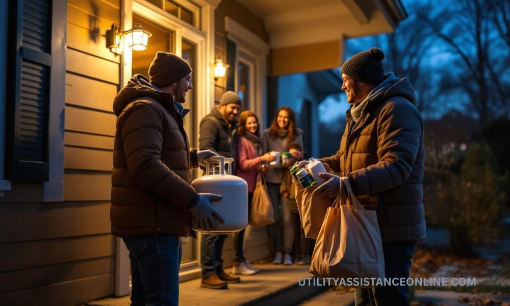 Community volunteers delivering groceries and heating supplies to a family as part of AIO Food and Energy Assistance’s outreach program.