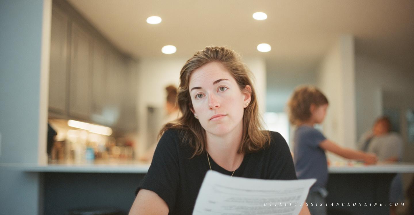 Reliant CARE Emergency Bill Help Stressed woman calling for utility bill assistance with overdue electric bill on kitchen table