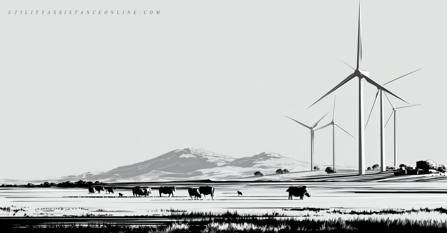 Wind turbines coexisting with farming and grazing land in a simplified illustration