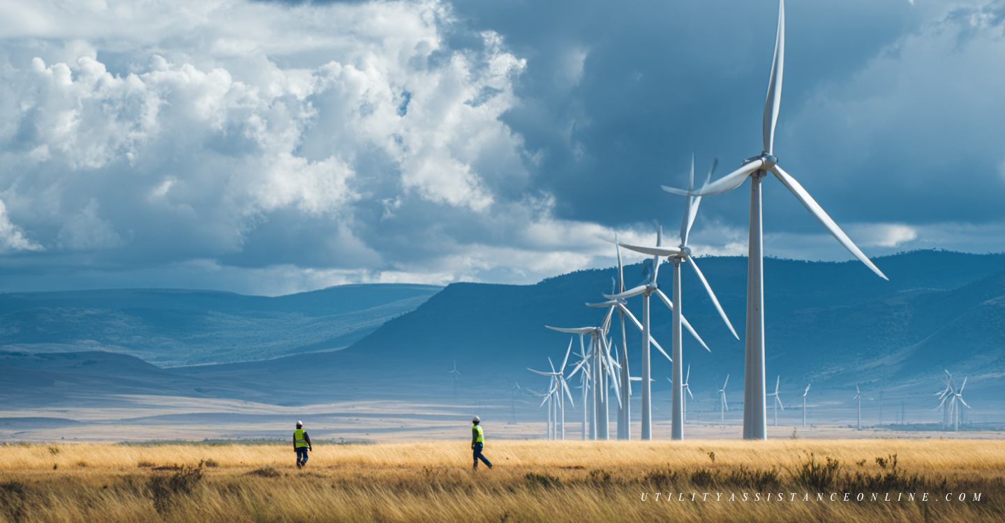 Technicians inspecting wind turbines in a rural and coastal landscape under dramatic skies