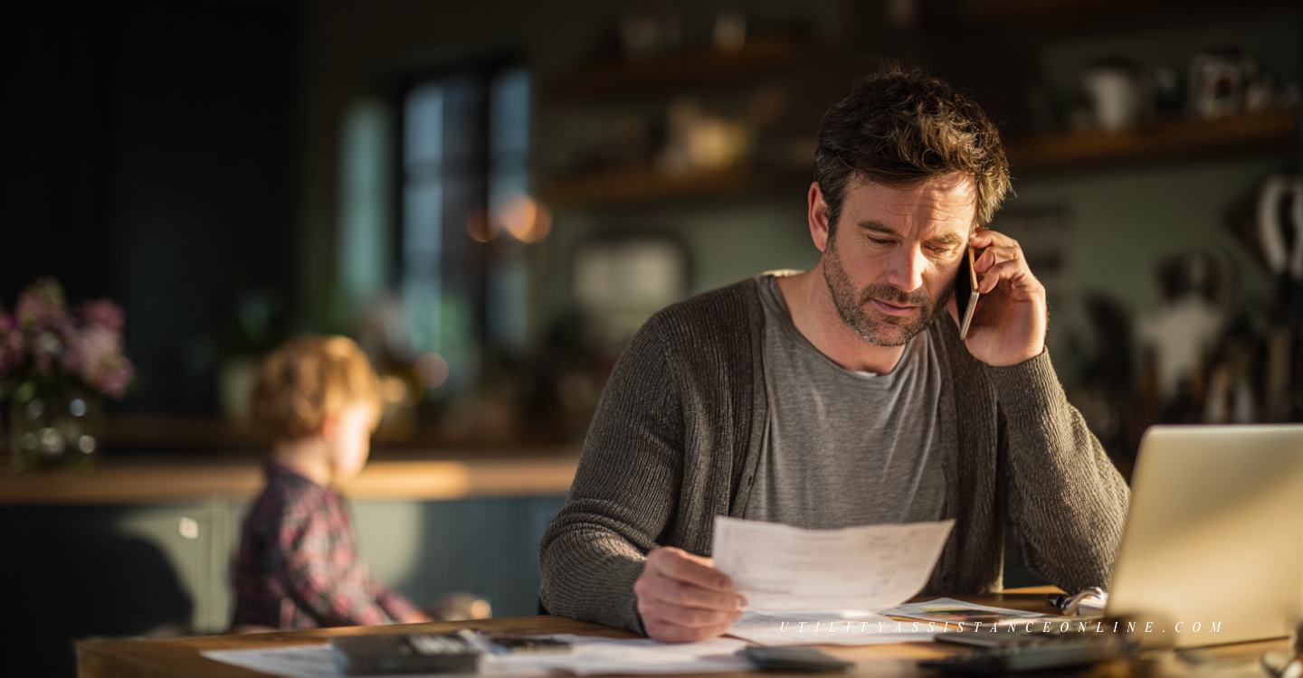 Man reviewing utility bill at kitchen table while arranging payment plan with ComEd over the phone