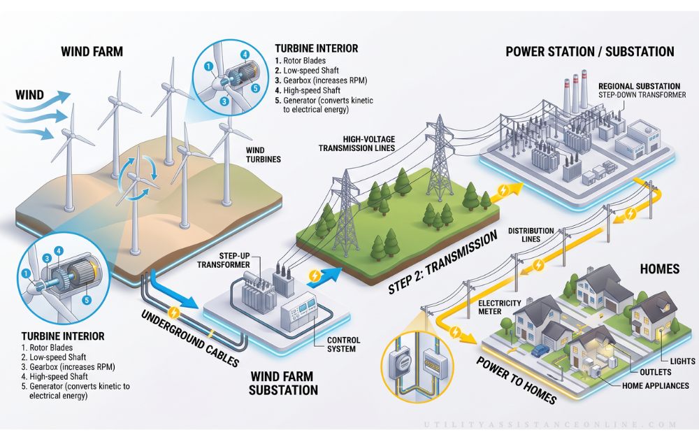 Diagram explaining how wind turbines convert moving air into electricity