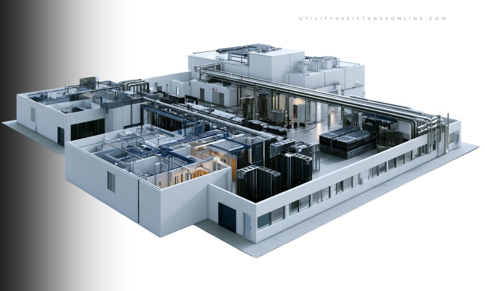 Cutaway illustration of a data center with server rows, pipes, and cooling equipment