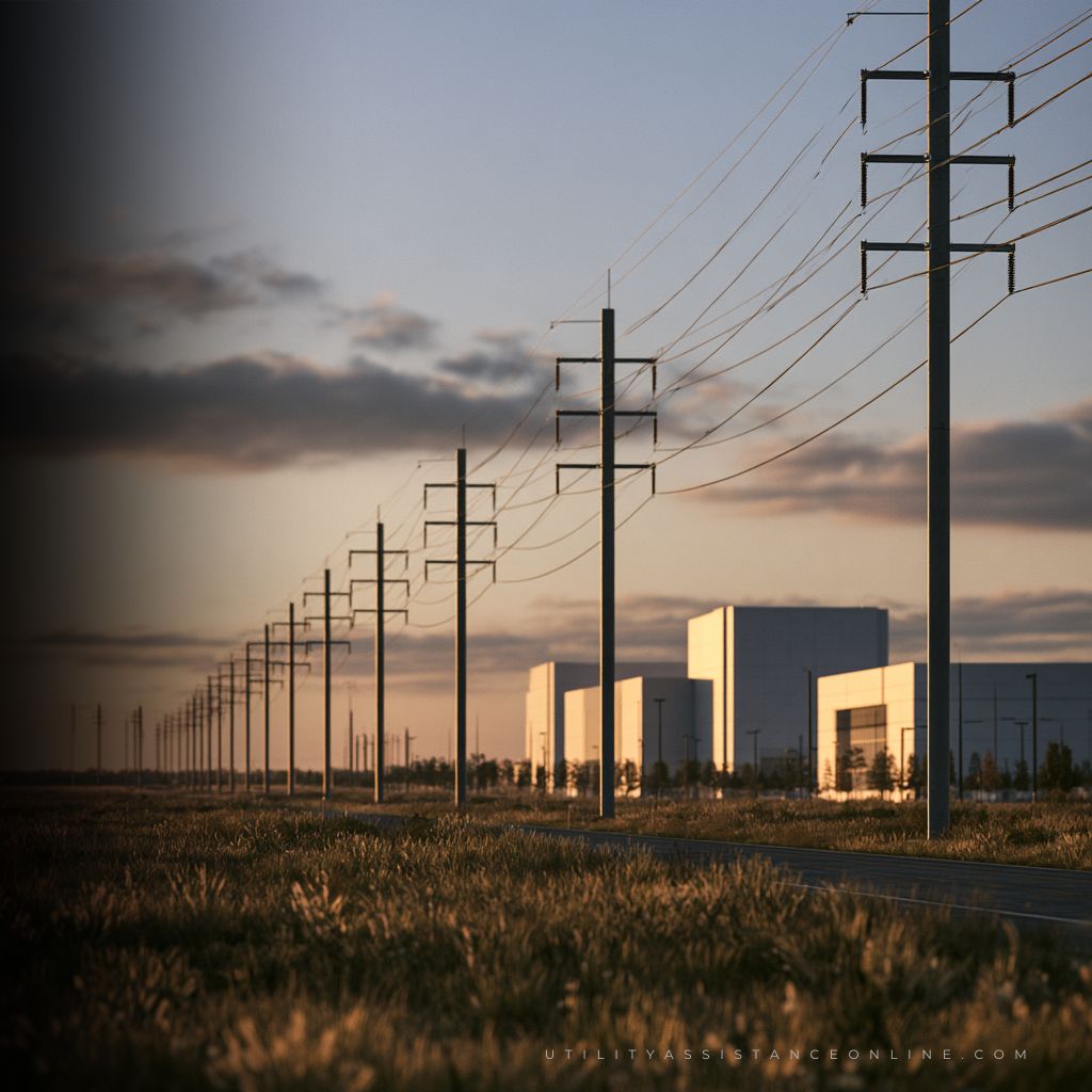 Power lines beside large industrial buildings at sunset